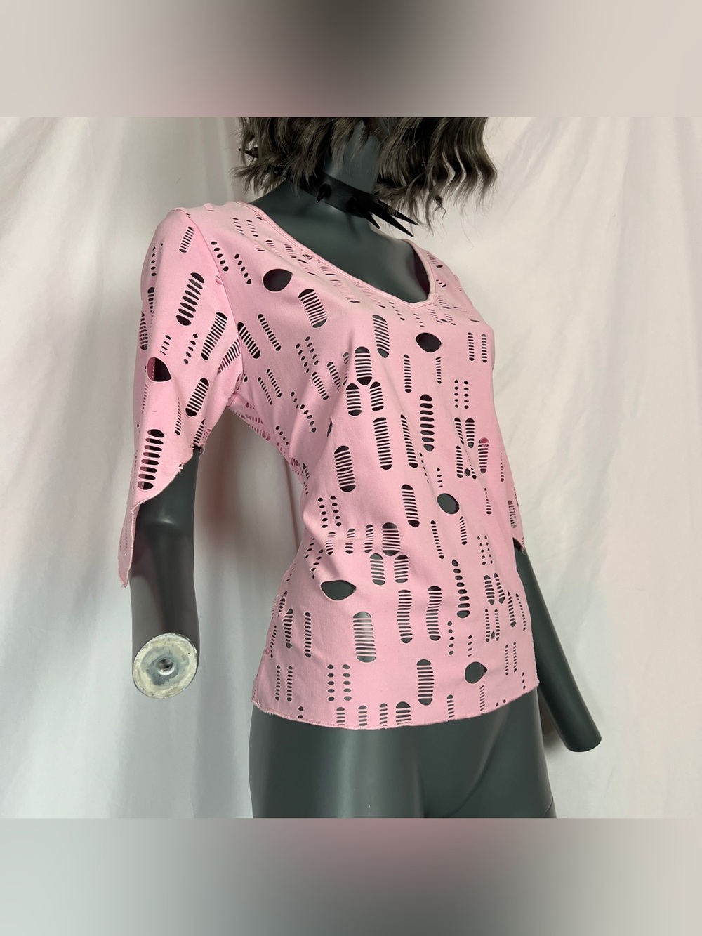 Vintage Y2K Baby Pink Slash Cut Distressed Shirt